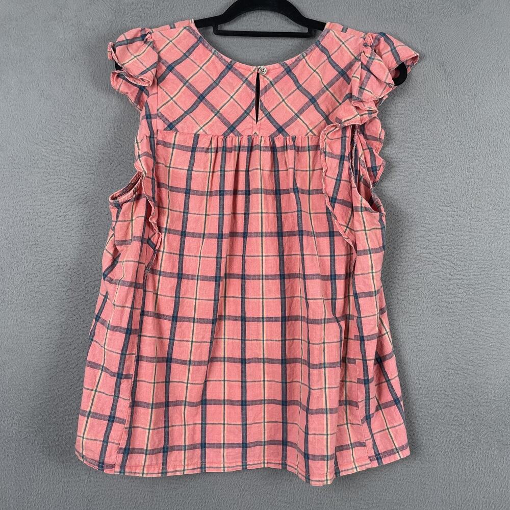 Anthropologie Coral Pink Plaid Ruffle-Sleeve Top - Picture 2 of 8